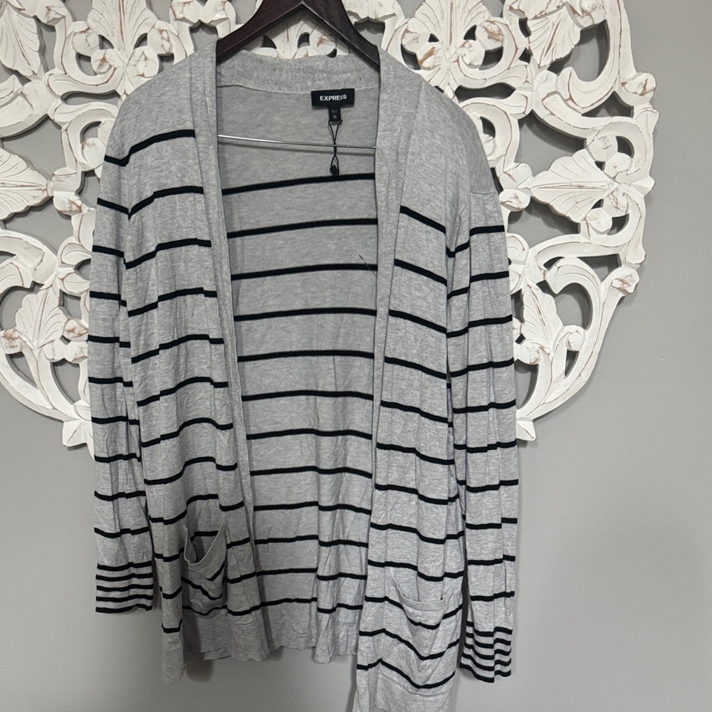Express Light Gray and Black Striped Open Cardigan new
